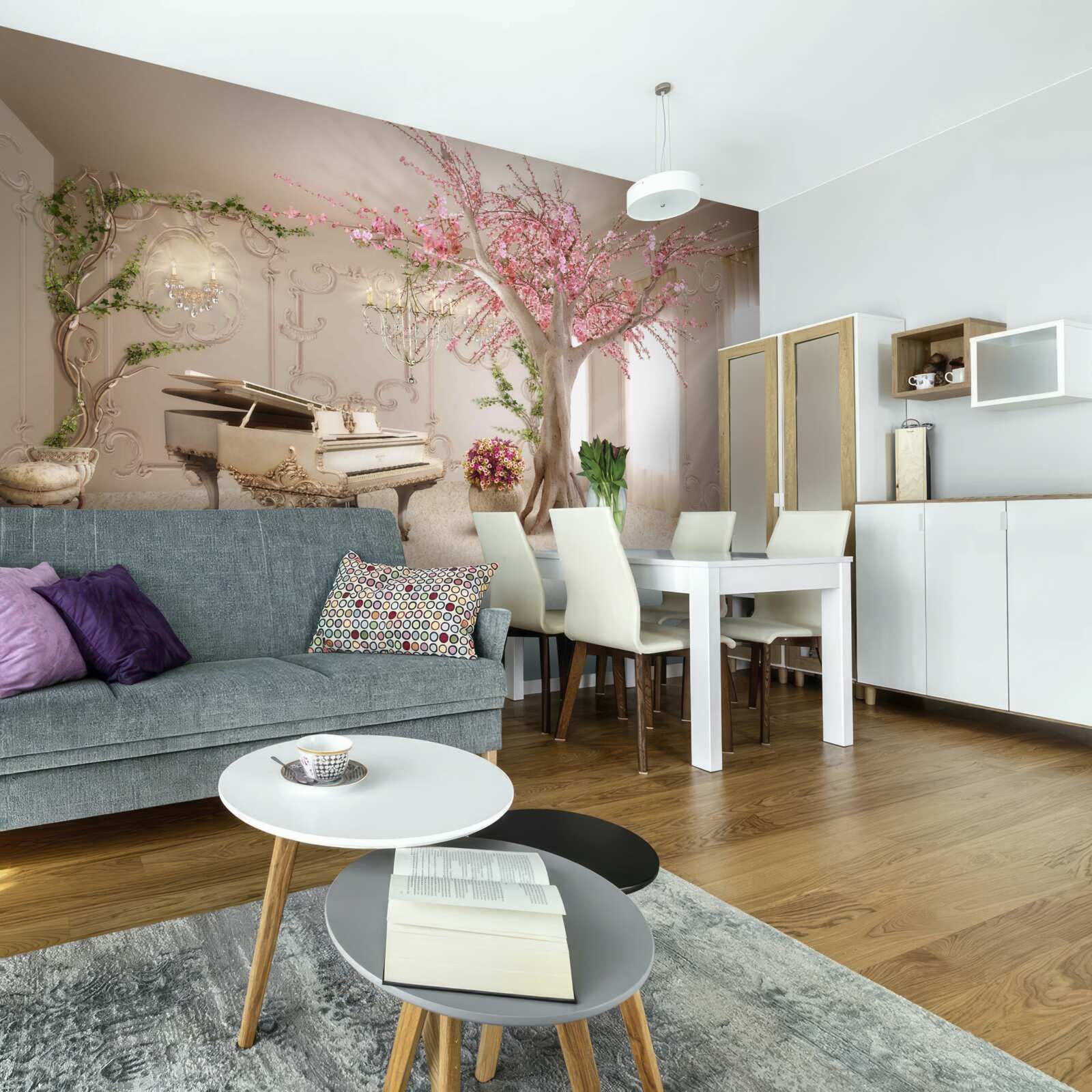 Papier peint salon magique avec arbre sakura