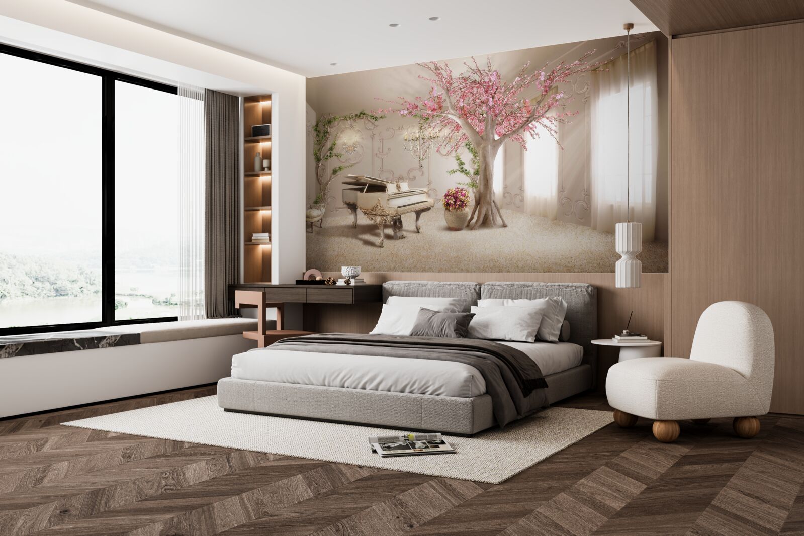 Papier peint salon magique avec arbre sakura