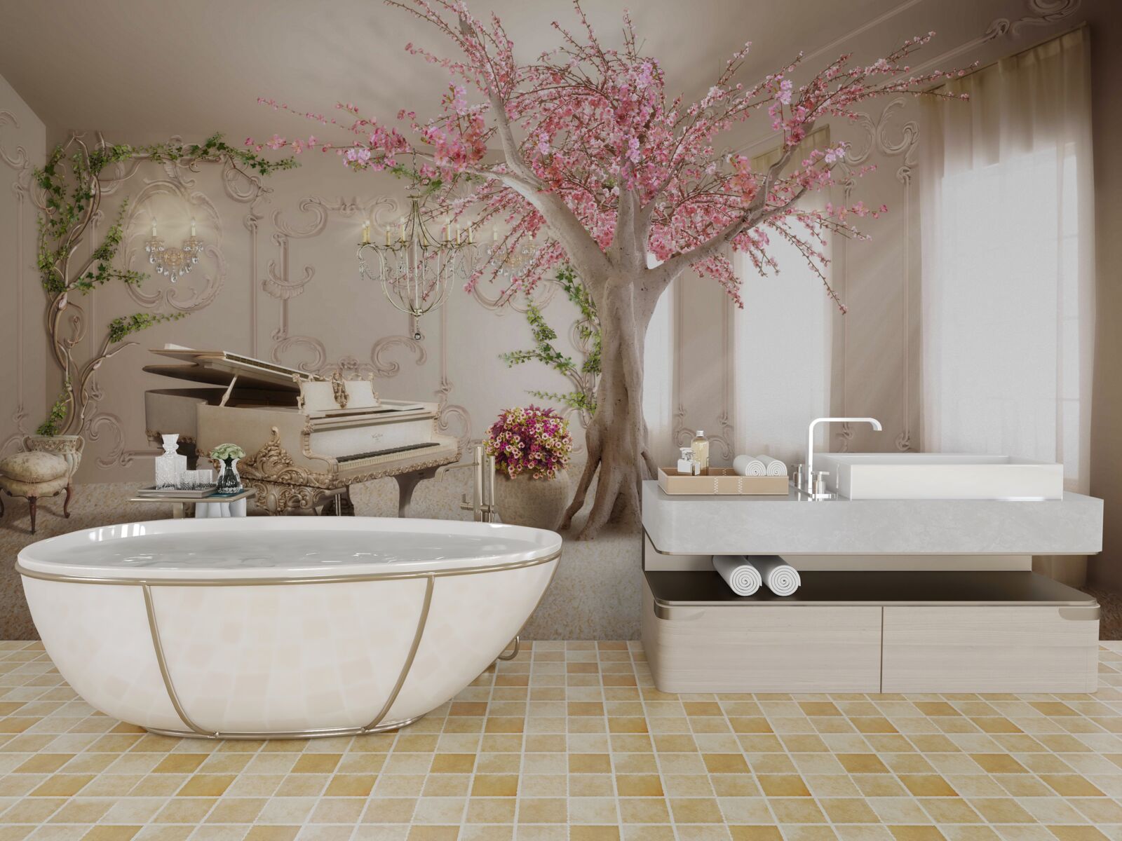 Papier peint salon magique avec arbre sakura