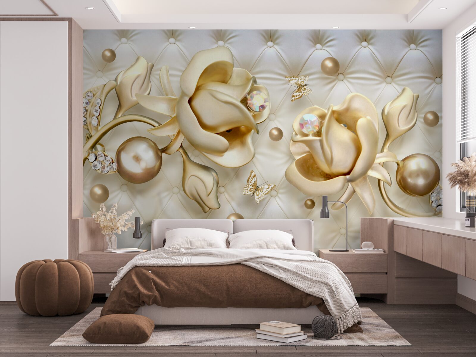 Papier peint roses en or en forme de diamant