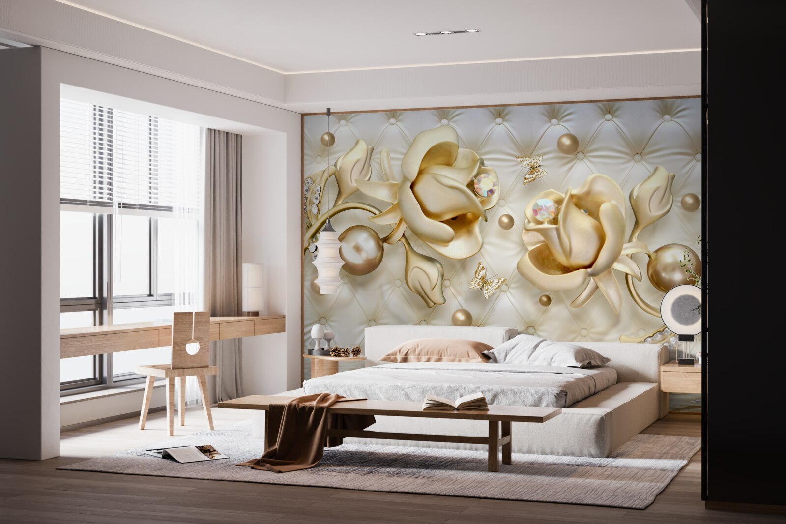 Papier peint roses en or en forme de diamant