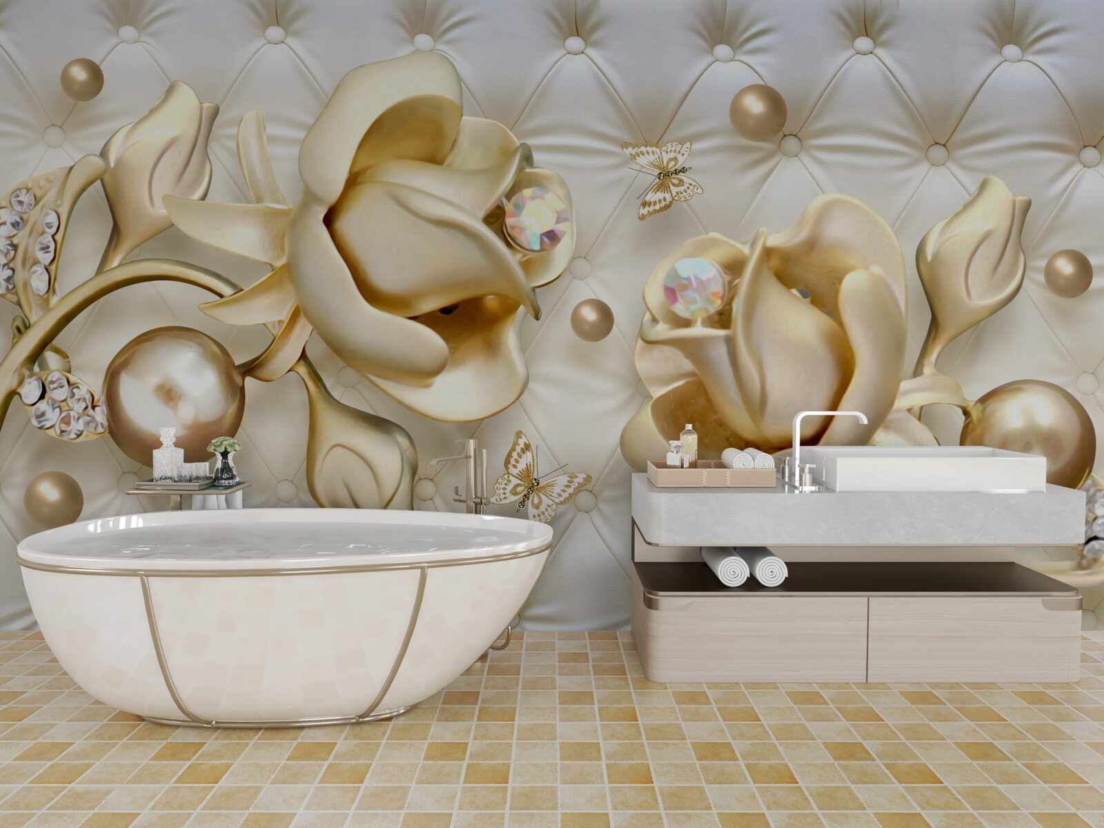 Papier peint roses en or en forme de diamant