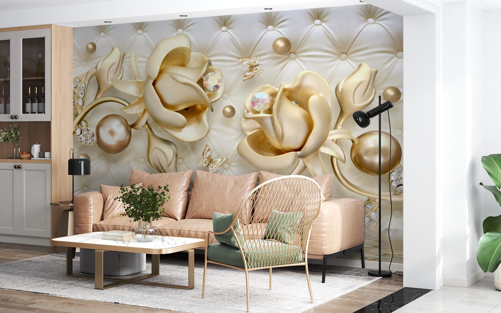 Papier peint roses en or en forme de diamant