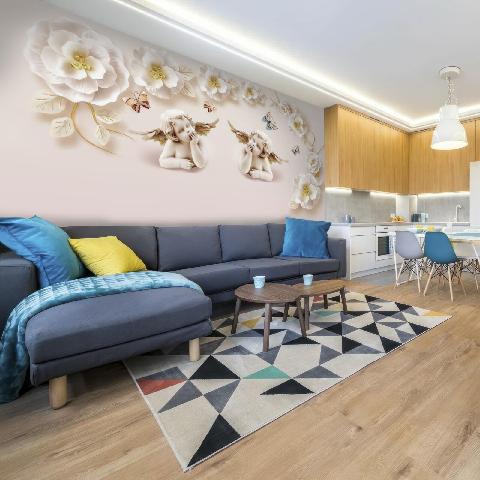 Papier peint une paire d'anges, des roses blanches et des papillons de nuit