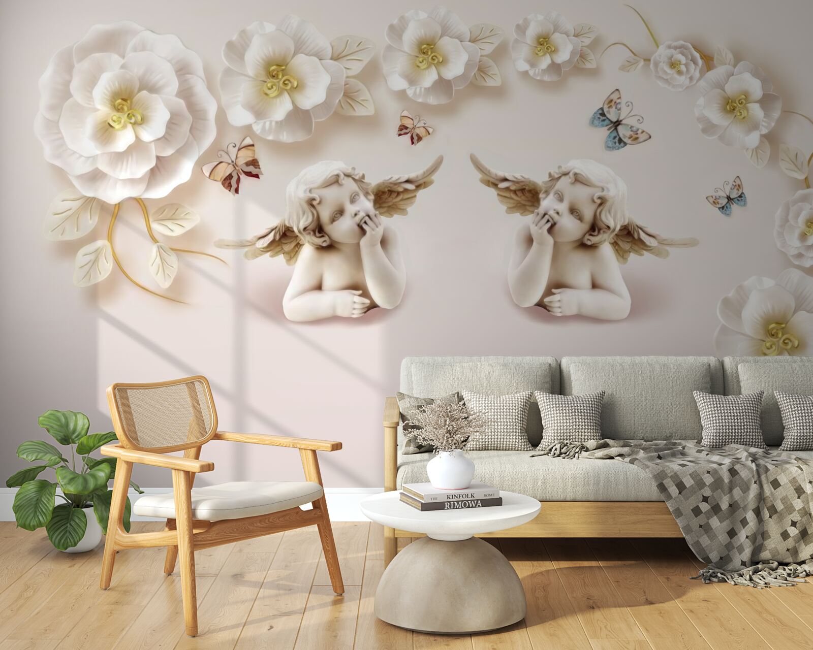 Papier peint une paire d'anges, des roses blanches et des papillons de nuit