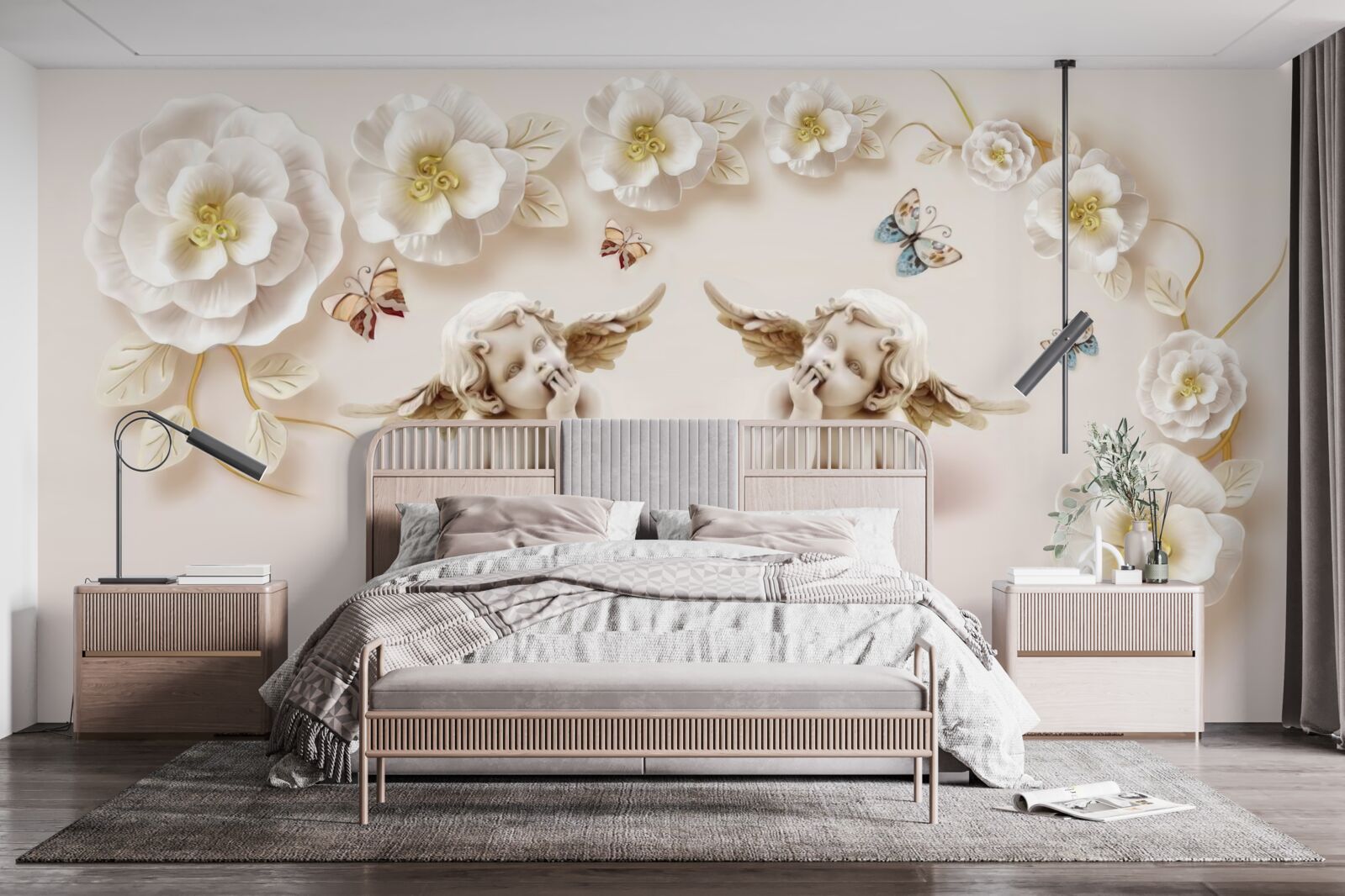 Papier peint une paire d'anges, des roses blanches et des papillons de nuit