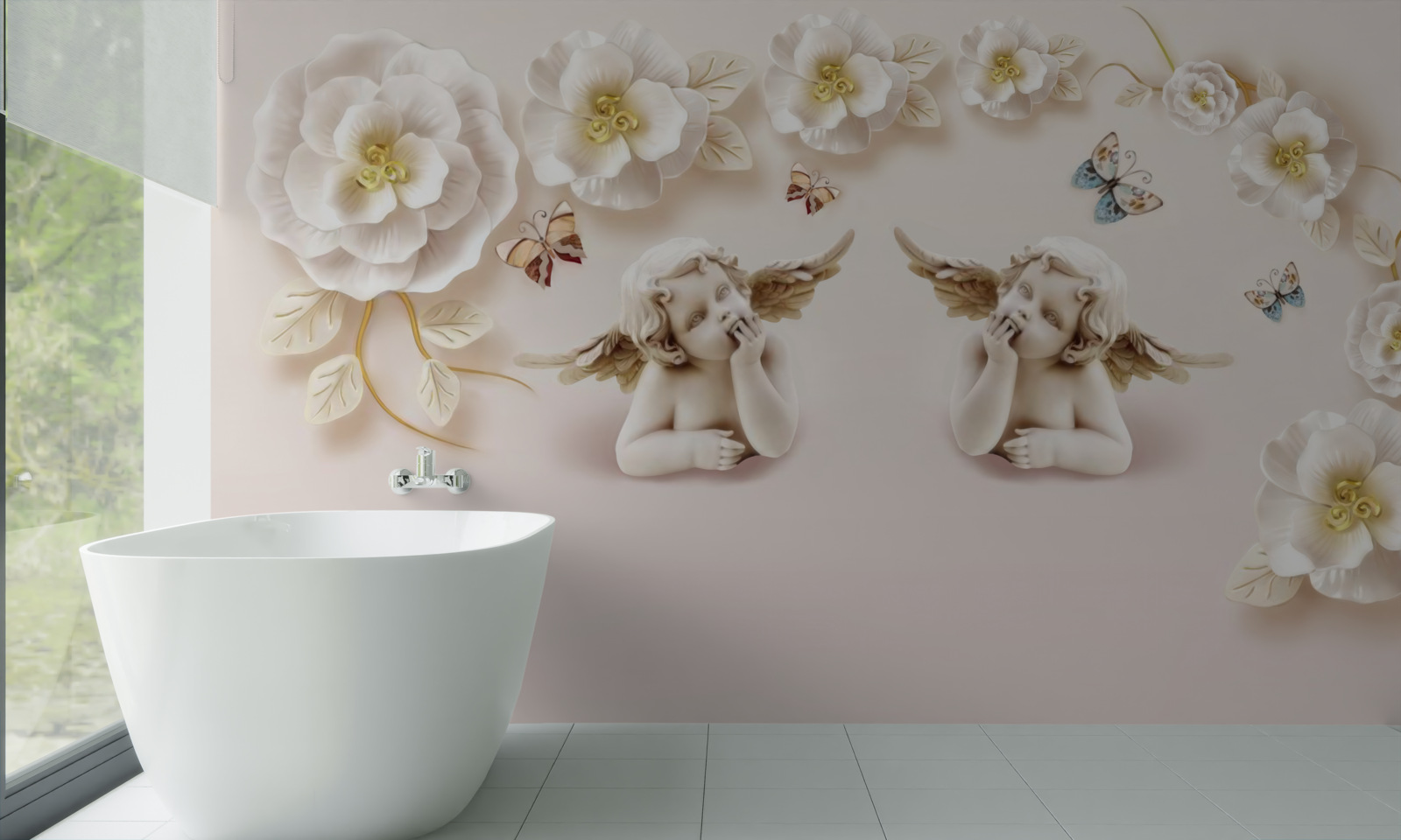 Papier peint une paire d'anges, des roses blanches et des papillons de nuit