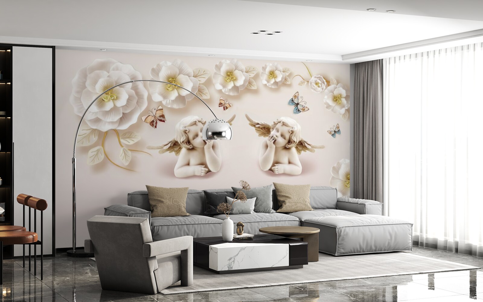 Papier peint une paire d'anges, des roses blanches et des papillons de nuit