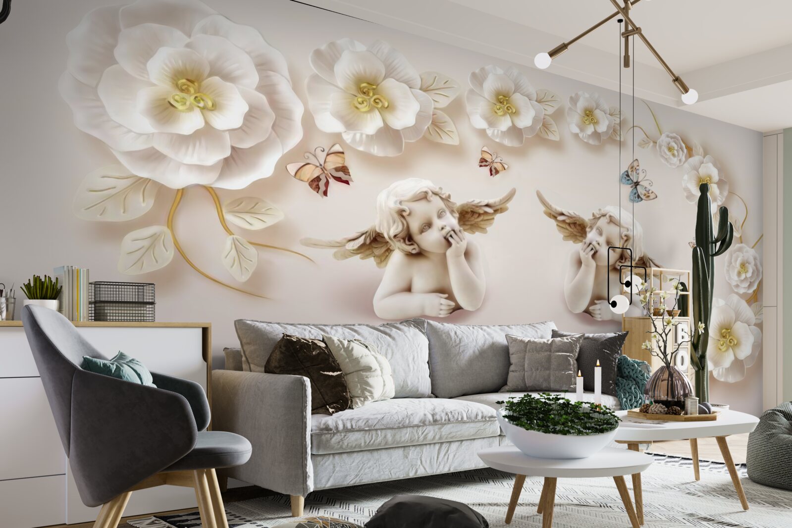 Papier peint une paire d'anges, des roses blanches et des papillons de nuit