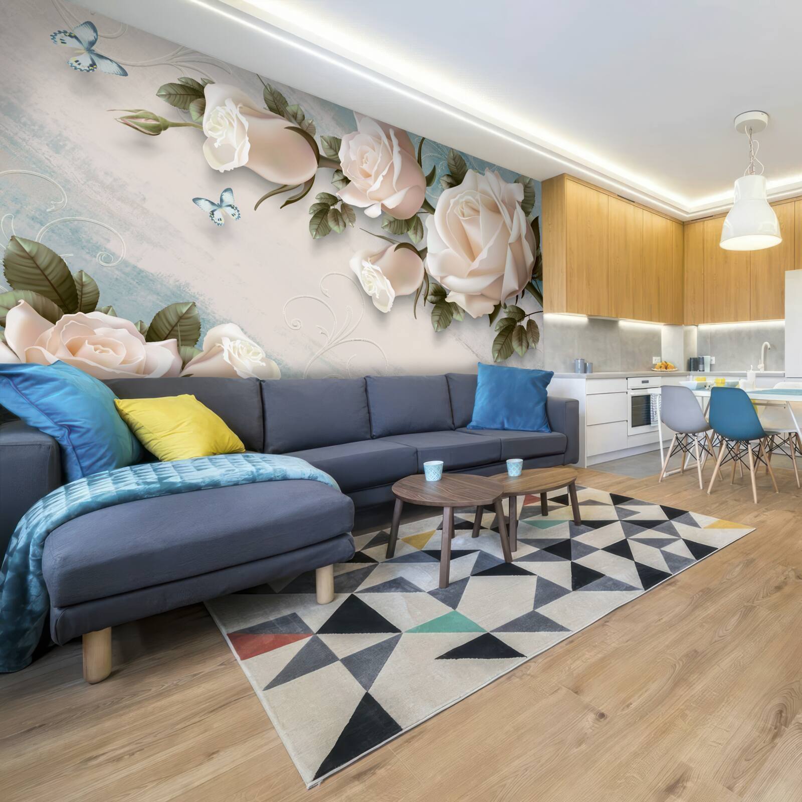 Papier peint roses crème tendre