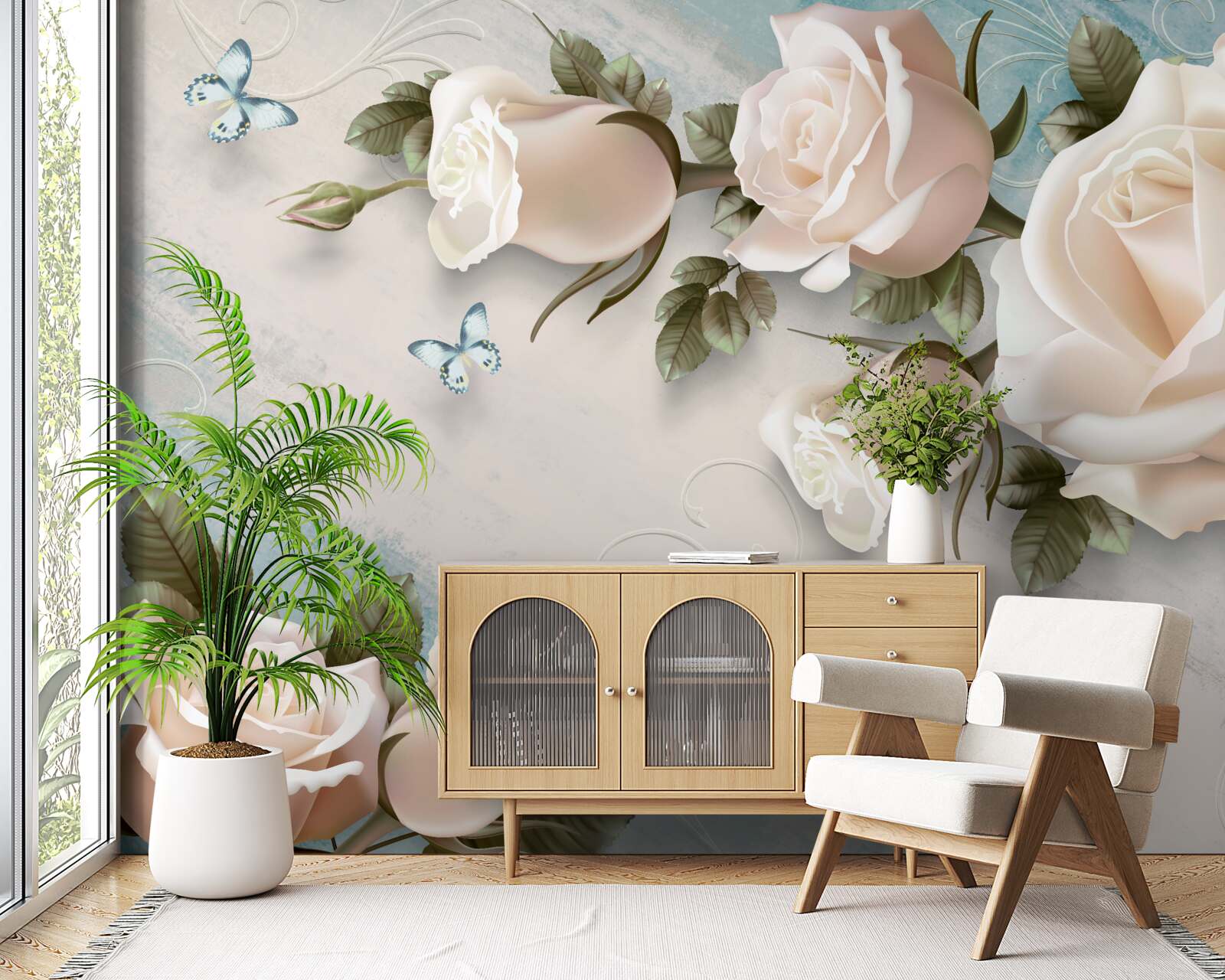 Papier peint roses crème tendre