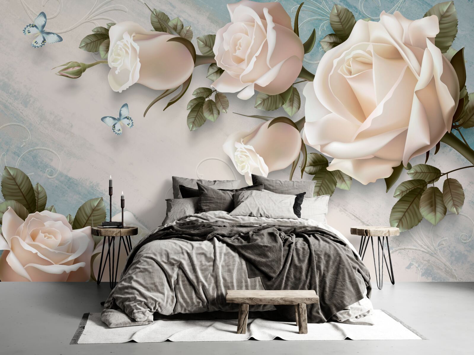 Papier peint roses crème tendre