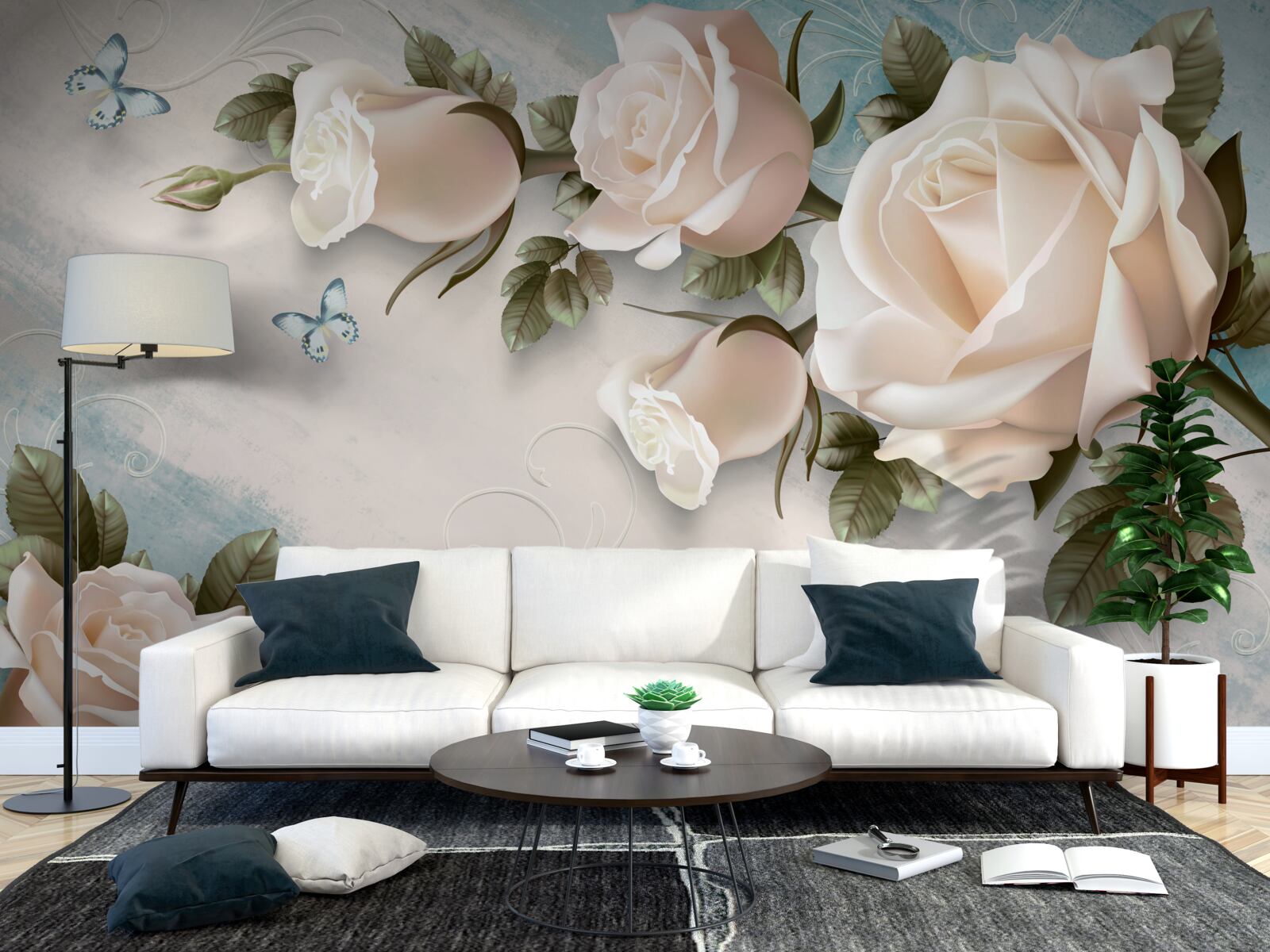 Papier peint roses crème tendre