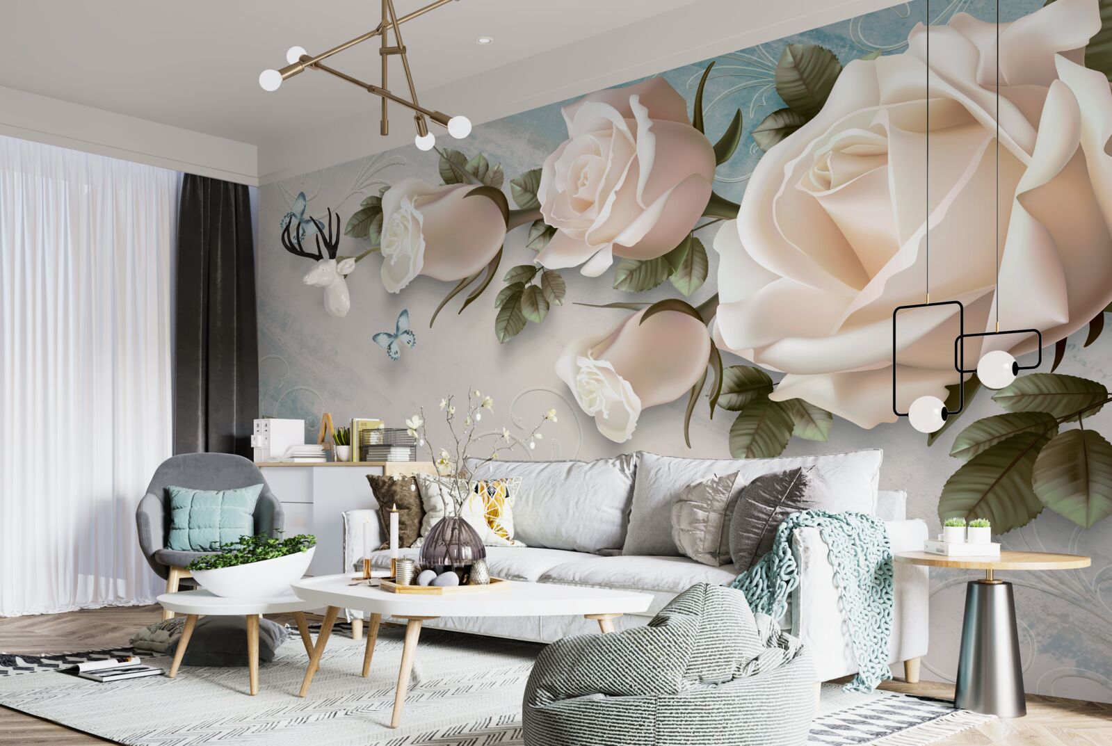 Papier peint roses crème tendre