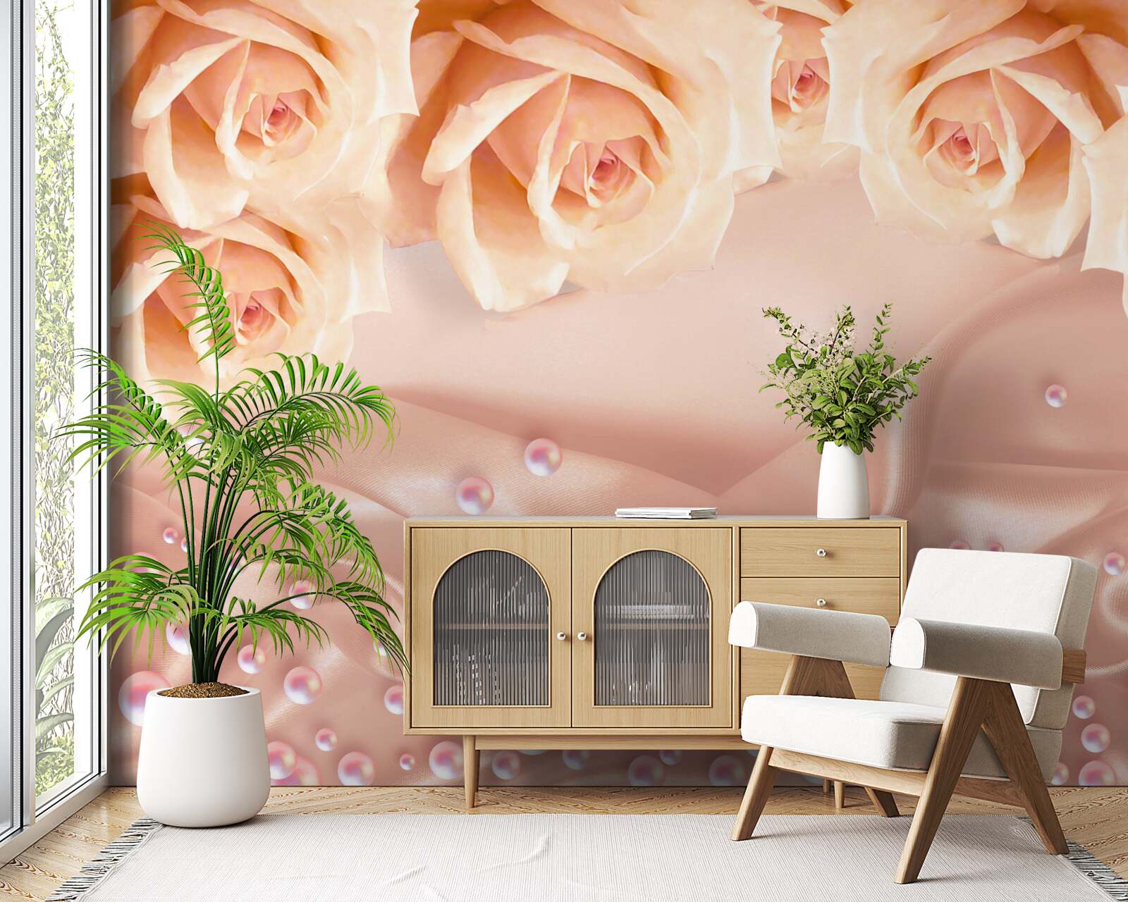 Papier peint perles et roses oranges