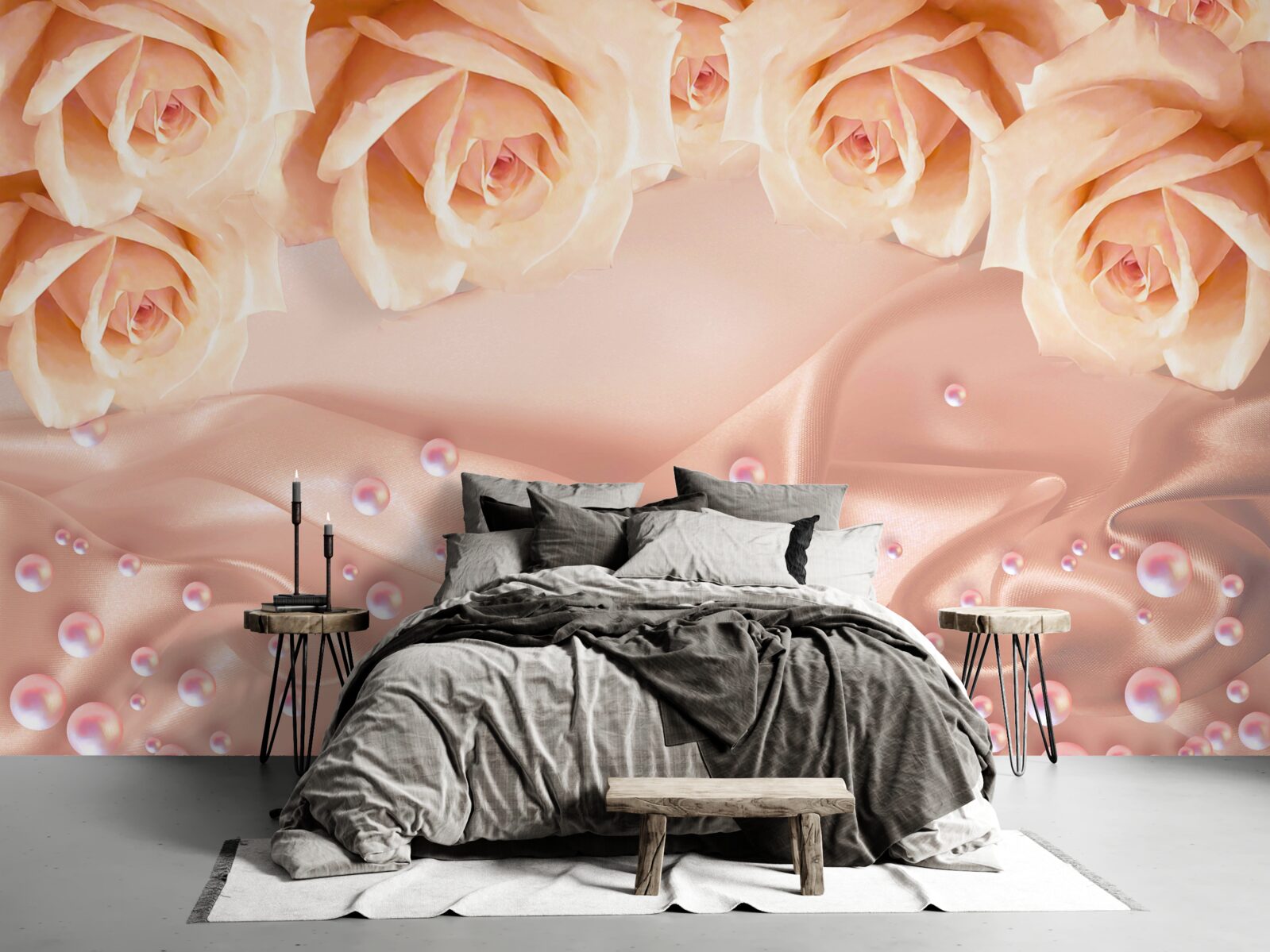 Papier peint perles et roses oranges