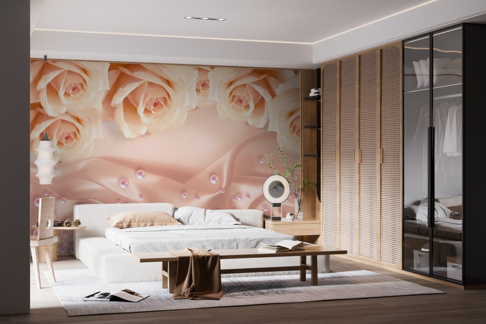 Papier peint perles et roses oranges