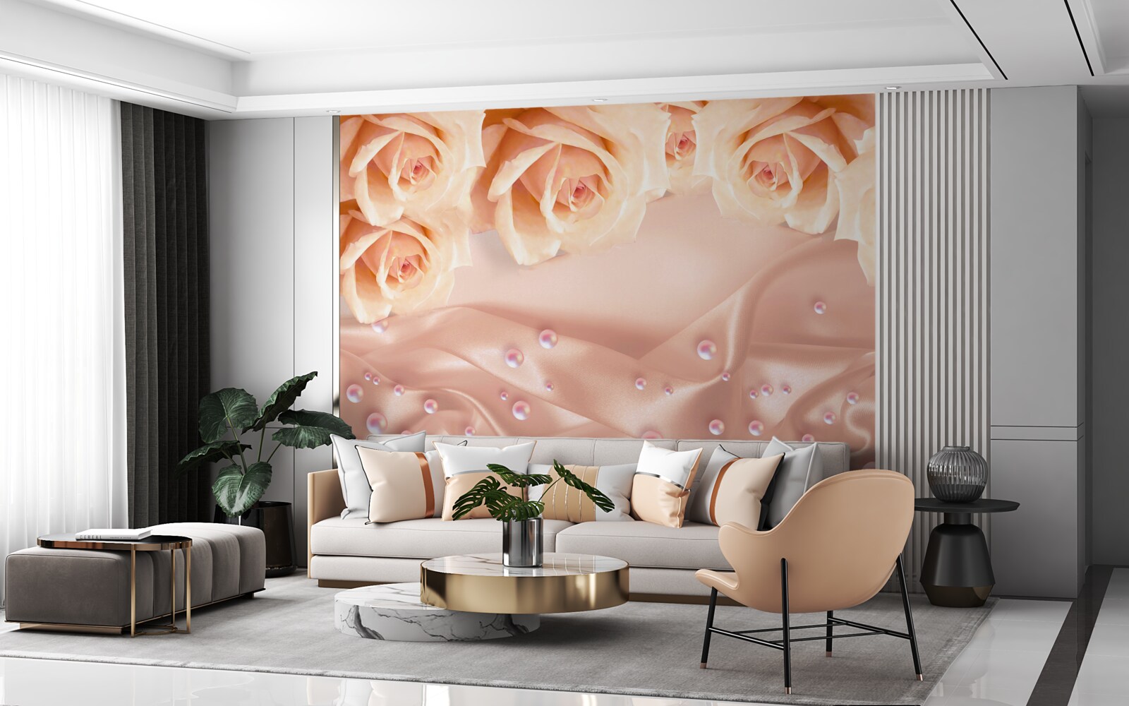 Papier peint perles et roses oranges