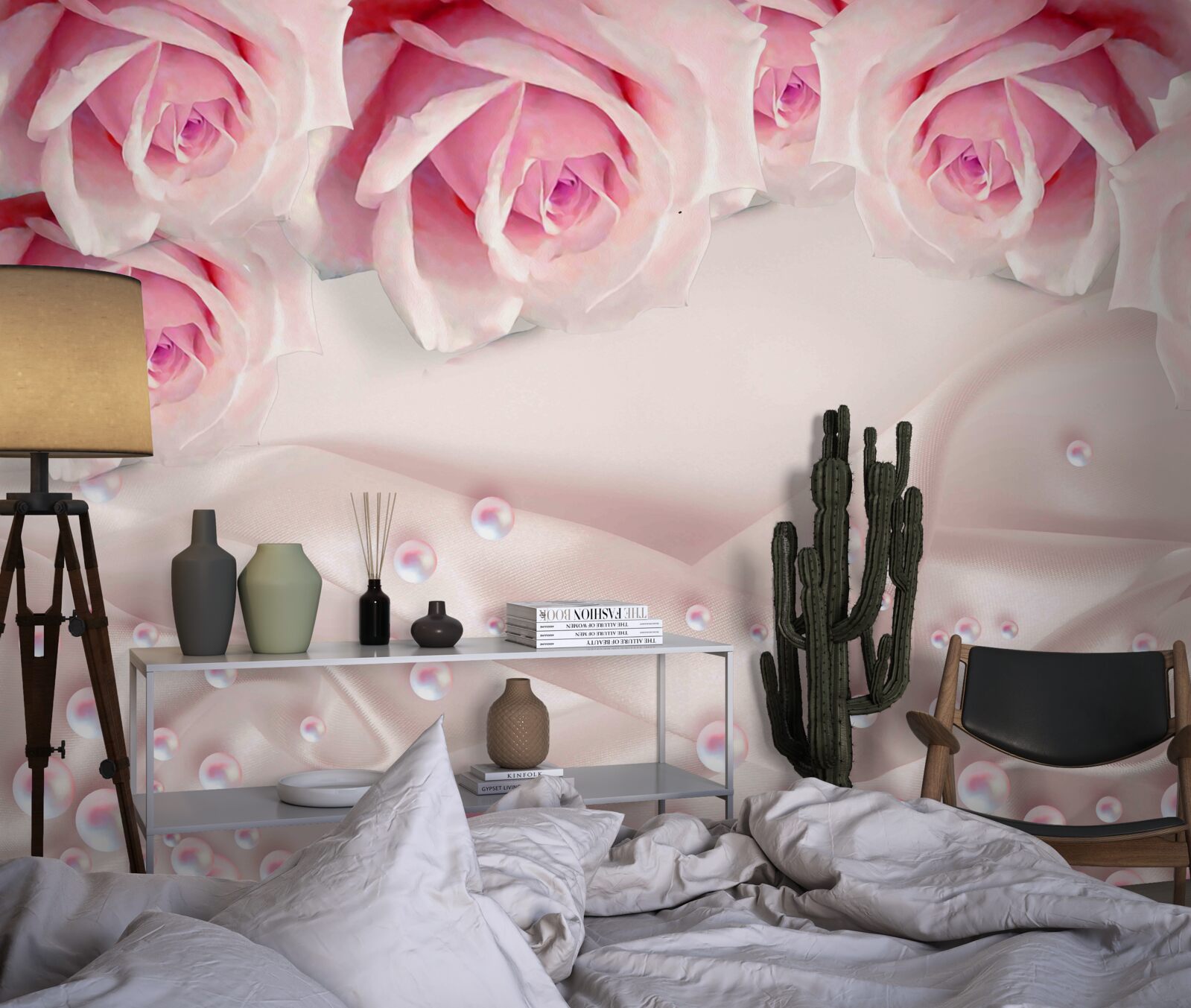 Papier peint perles et fleurs roses