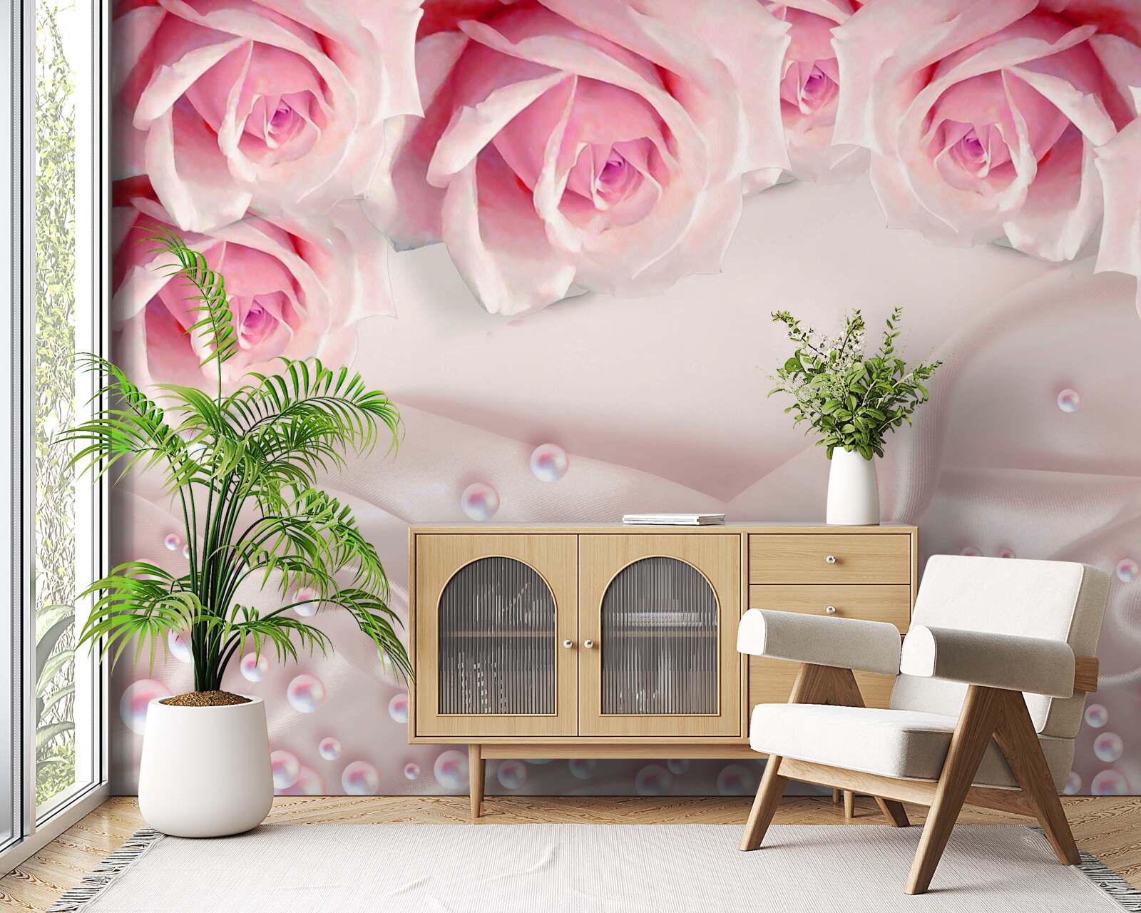 Papier peint perles et fleurs roses