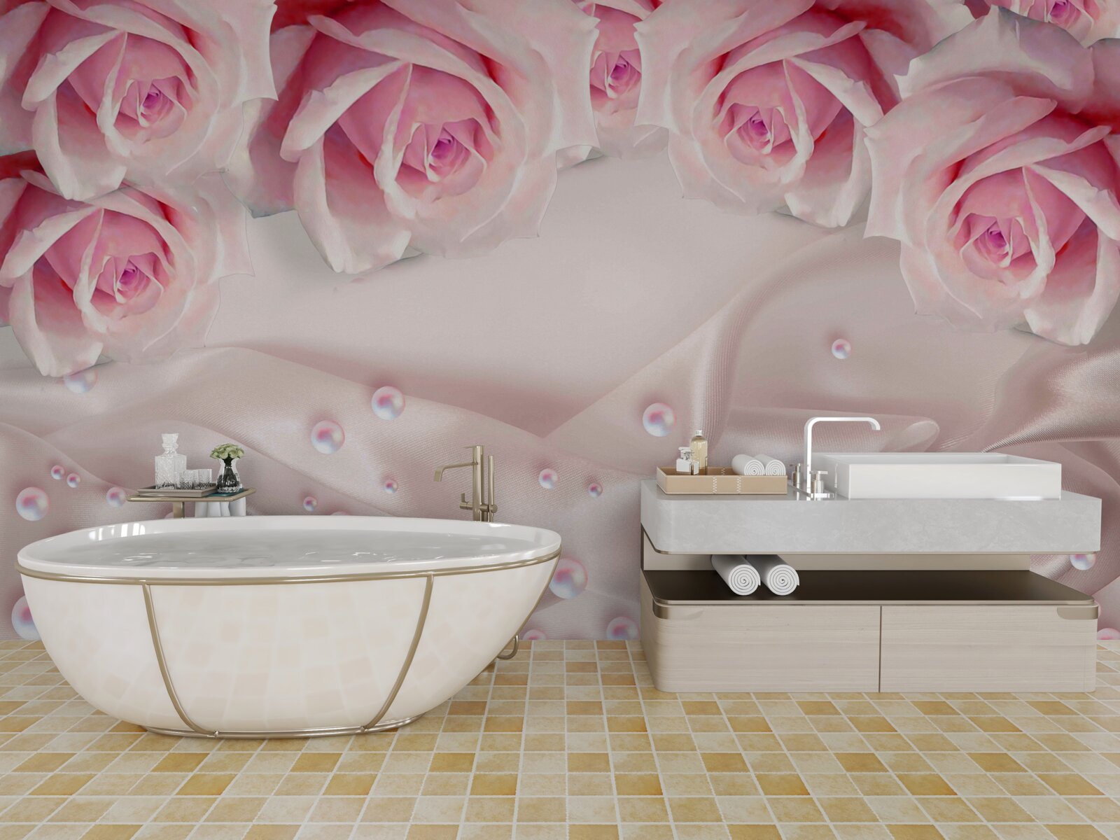 Papier peint perles et fleurs roses