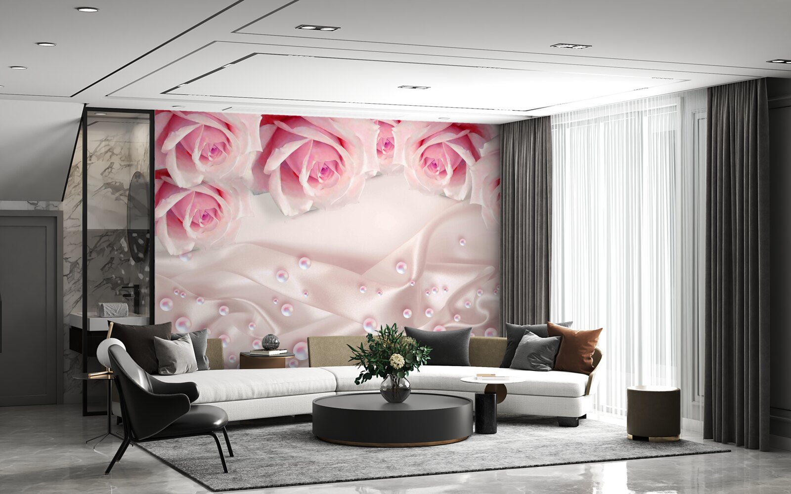 Papier peint perles et fleurs roses