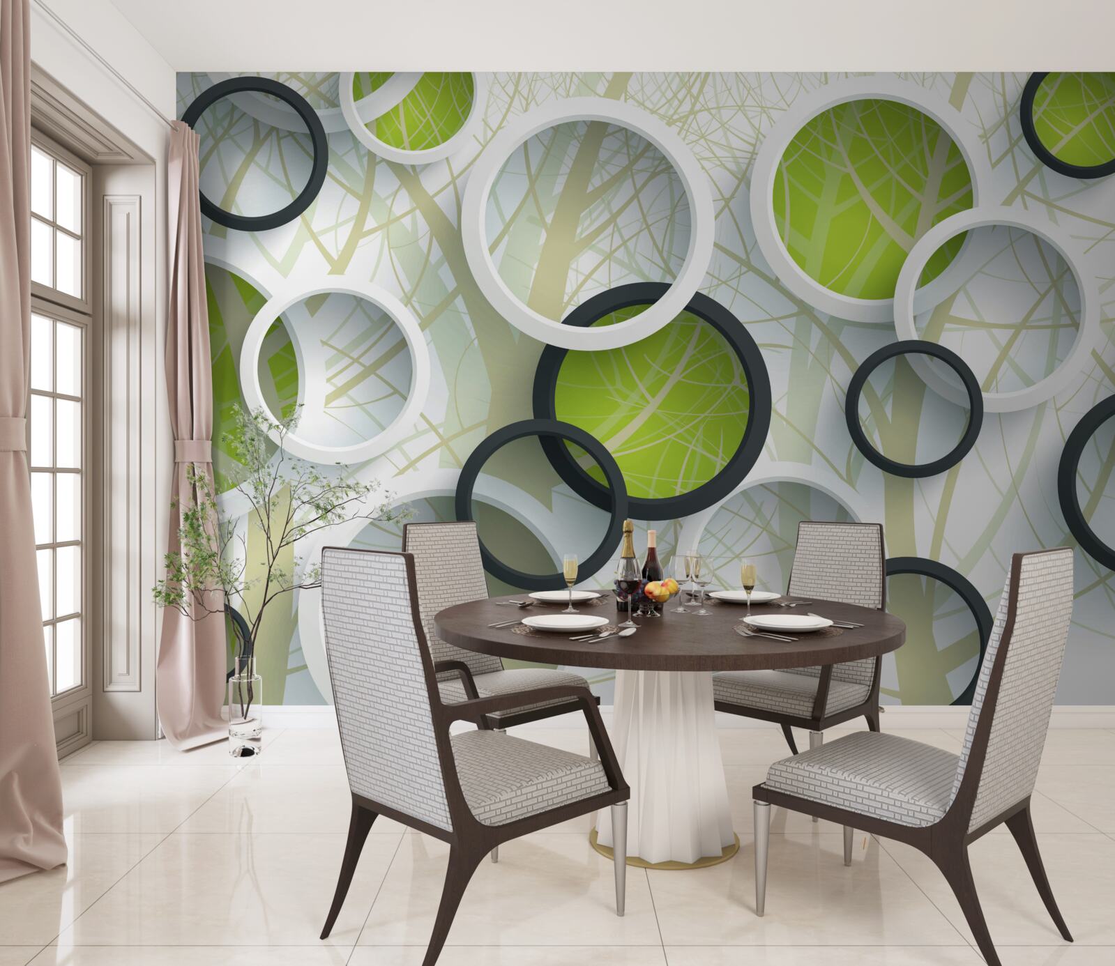 Papier peint cercles blancs et verts superposés