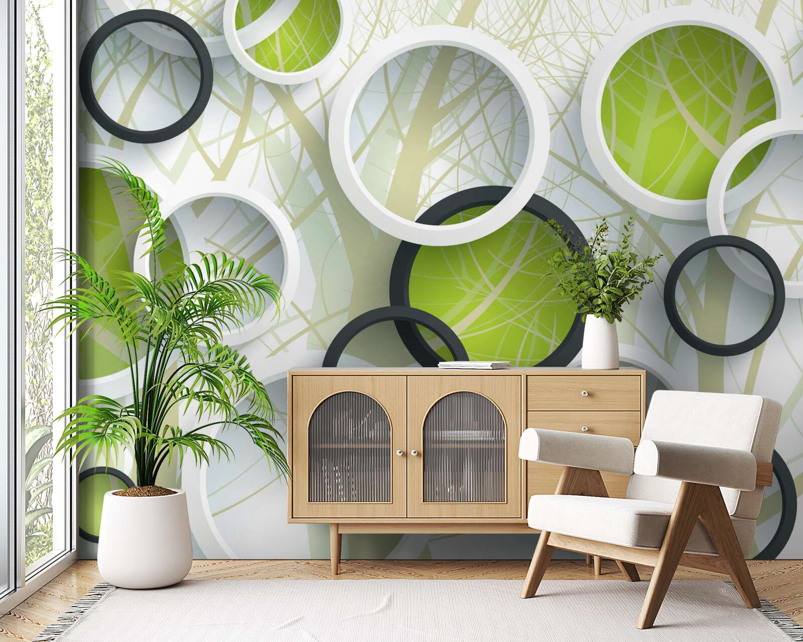 Papier peint cercles blancs et verts superposés