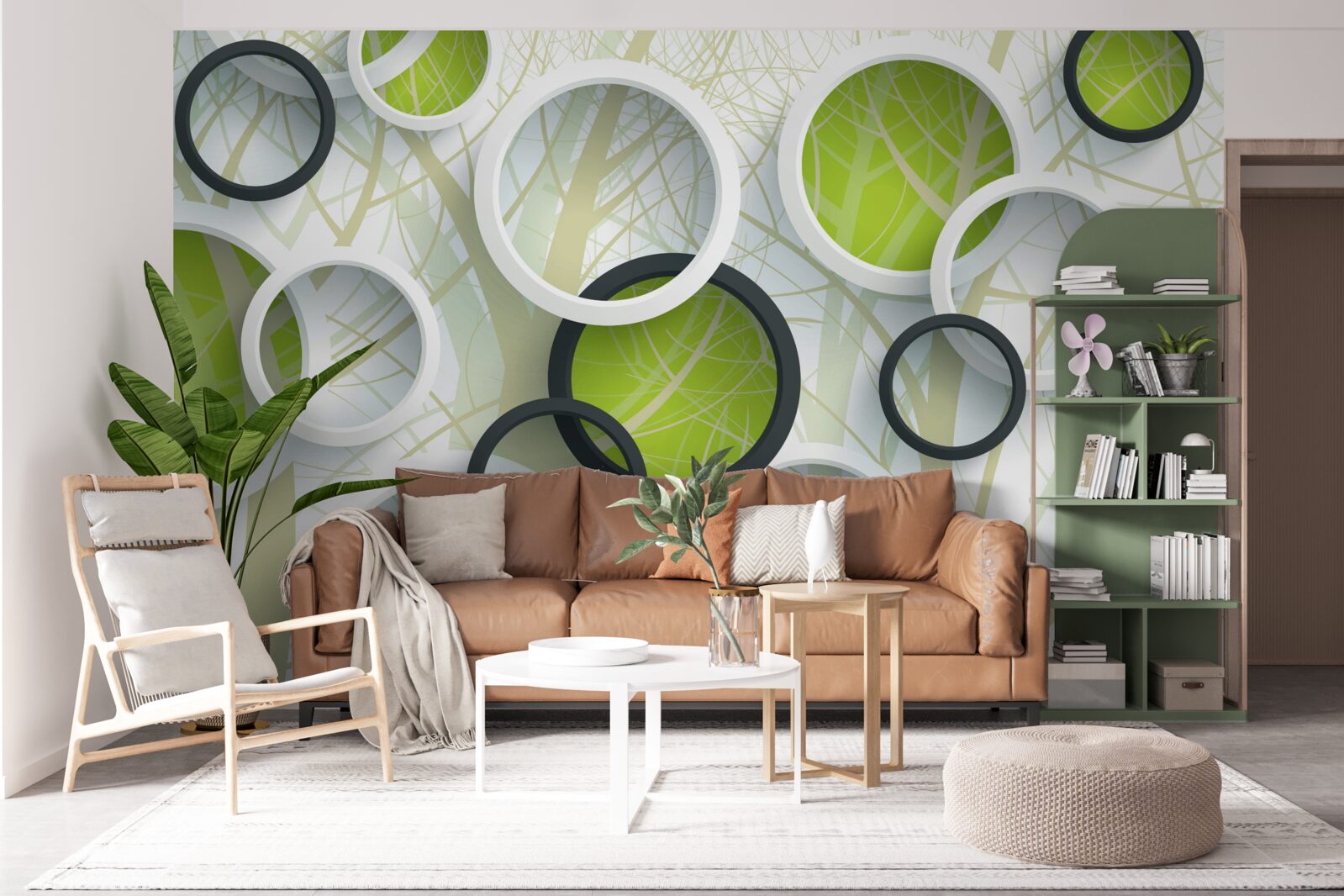 Papier peint cercles blancs et verts superposés