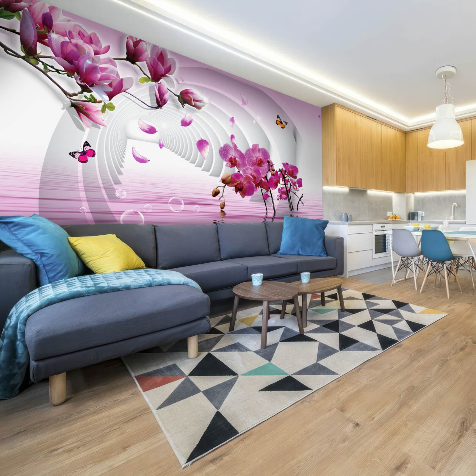 Papier peint collage de délicates fleurs de magnolia violet