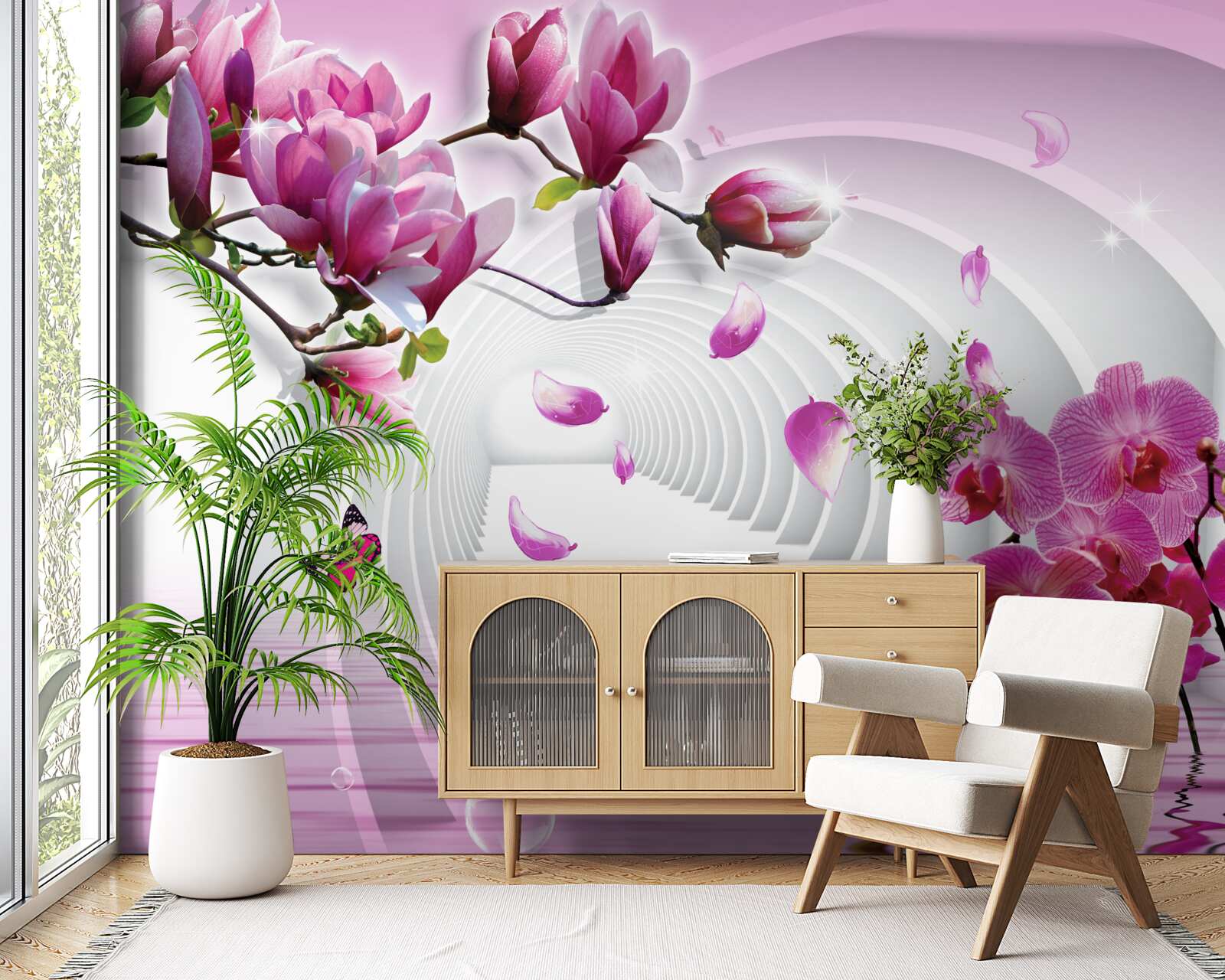 Papier peint collage de délicates fleurs de magnolia violet