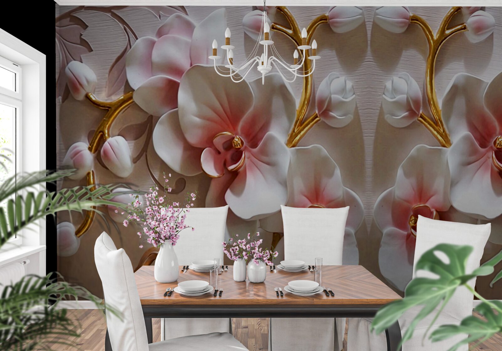 Papier peint bourgeons d'orchidées se reflétant dans une couleur blanche comme neige