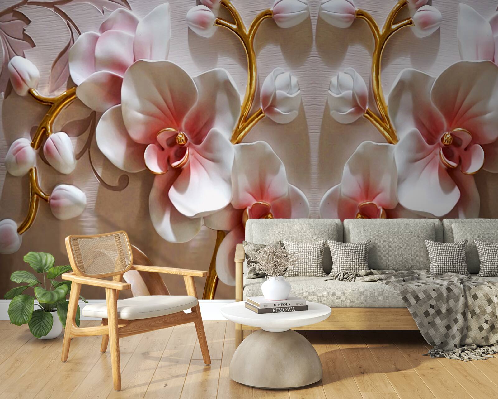 Papier peint bourgeons d'orchidées se reflétant dans une couleur blanche comme neige