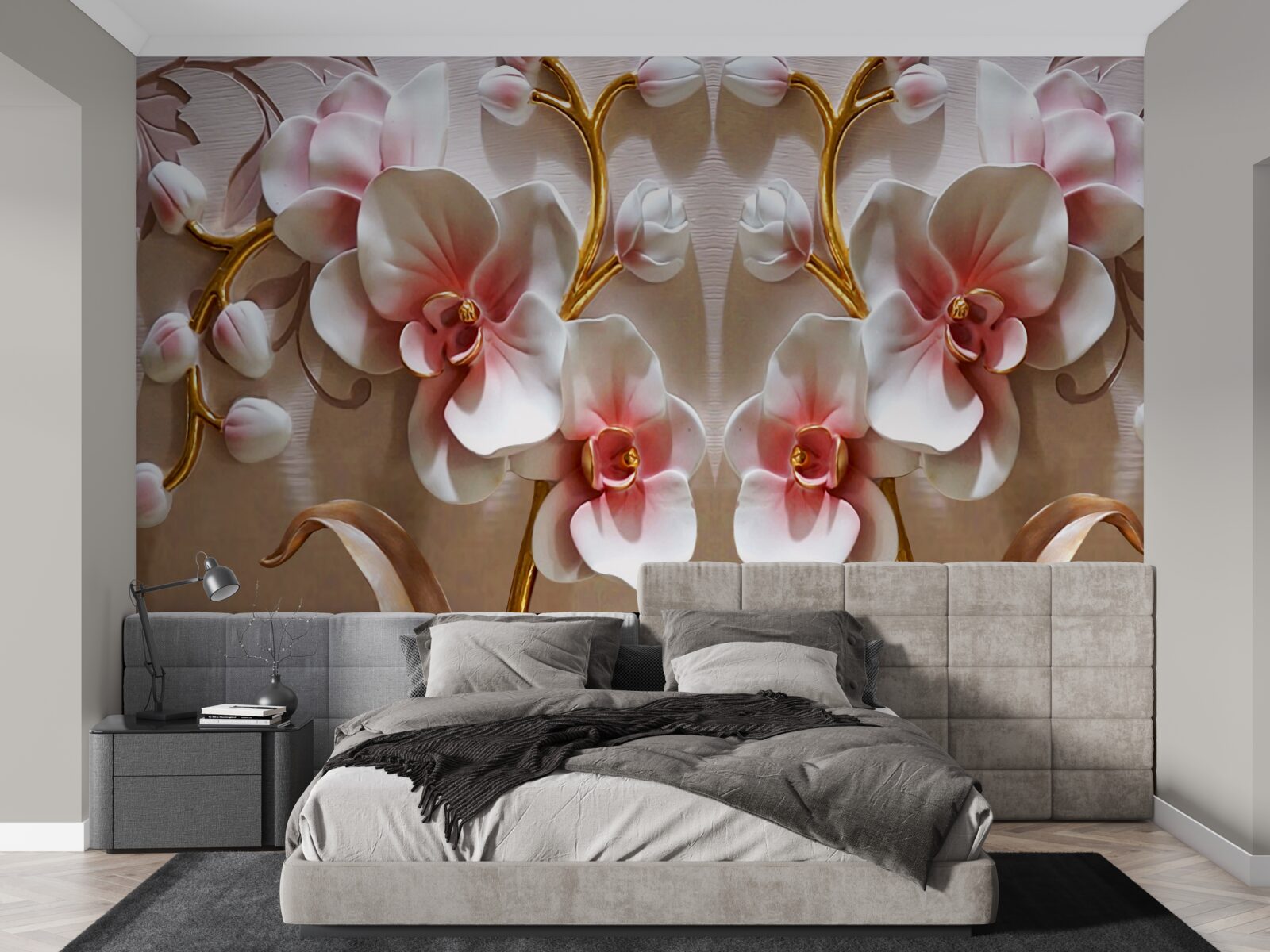 Papier peint bourgeons d'orchidées se reflétant dans une couleur blanche comme neige