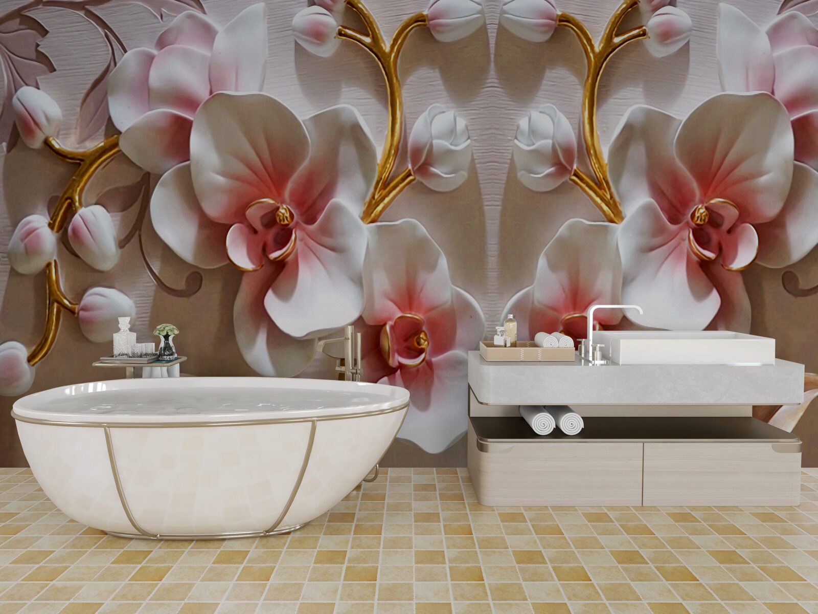 Papier peint bourgeons d'orchidées se reflétant dans une couleur blanche comme neige