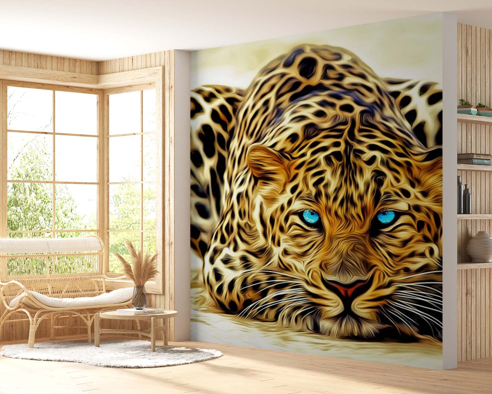 Papier peint aux yeux bleus, la panthère s'est cachée