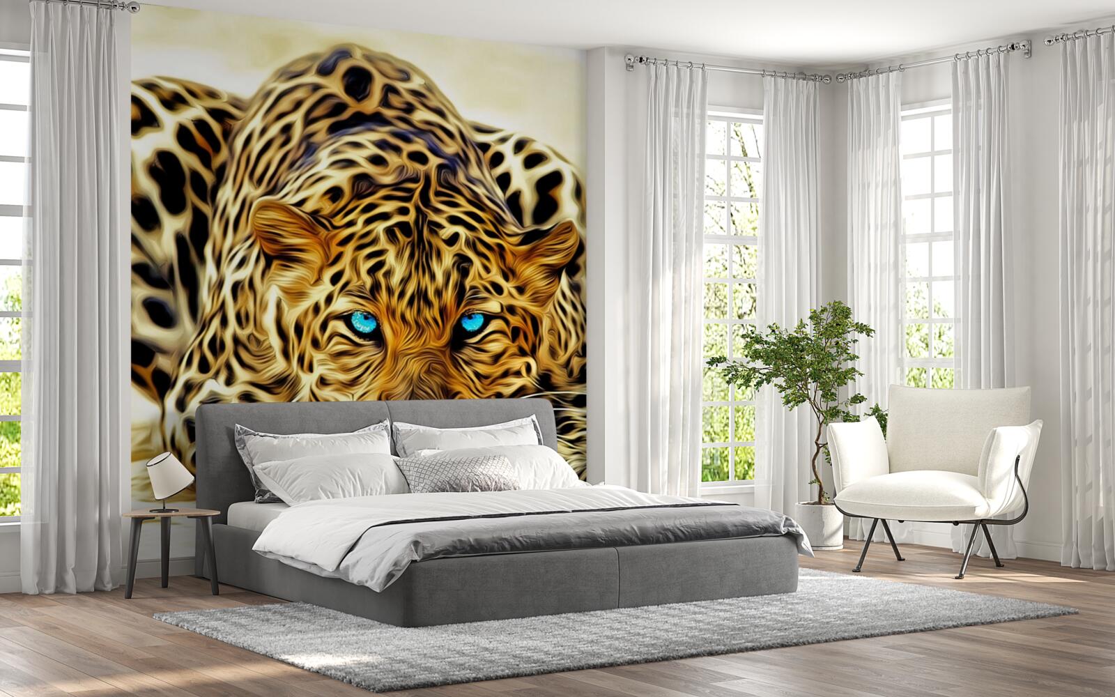 Papier peint aux yeux bleus, la panthère s'est cachée