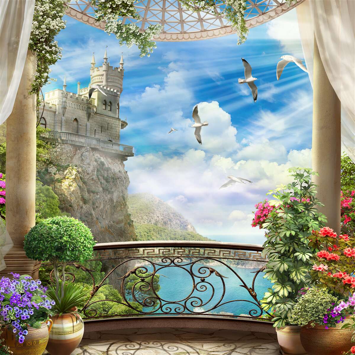 Papier peint terrasse avec vue sur le sanctuaire des hirondelles