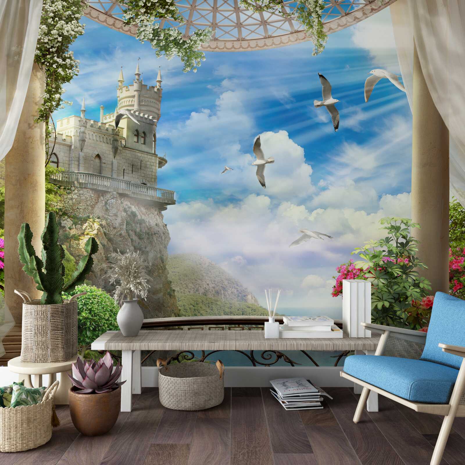 Papier peint terrasse avec vue sur le sanctuaire des hirondelles