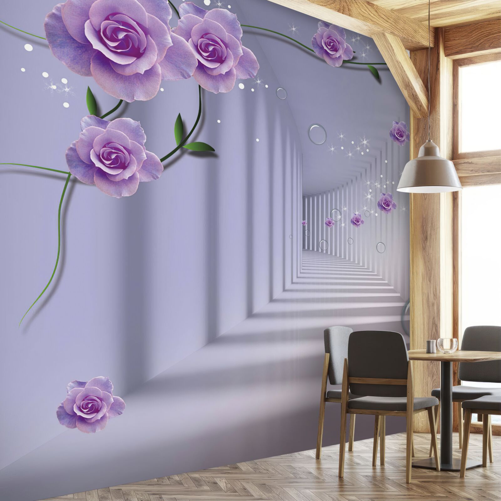Papier peint en perspective, un tunnel orné d'une rose violette