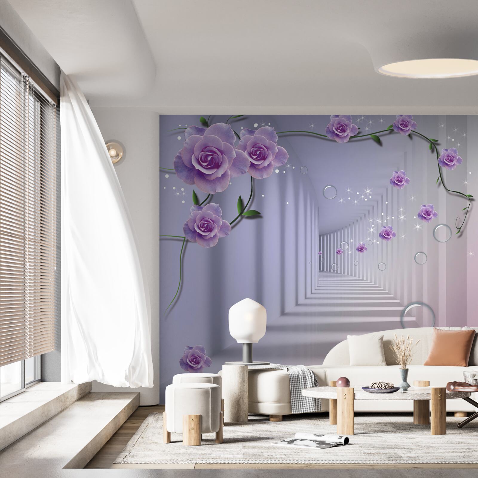 Papier peint en perspective, un tunnel orné d'une rose violette