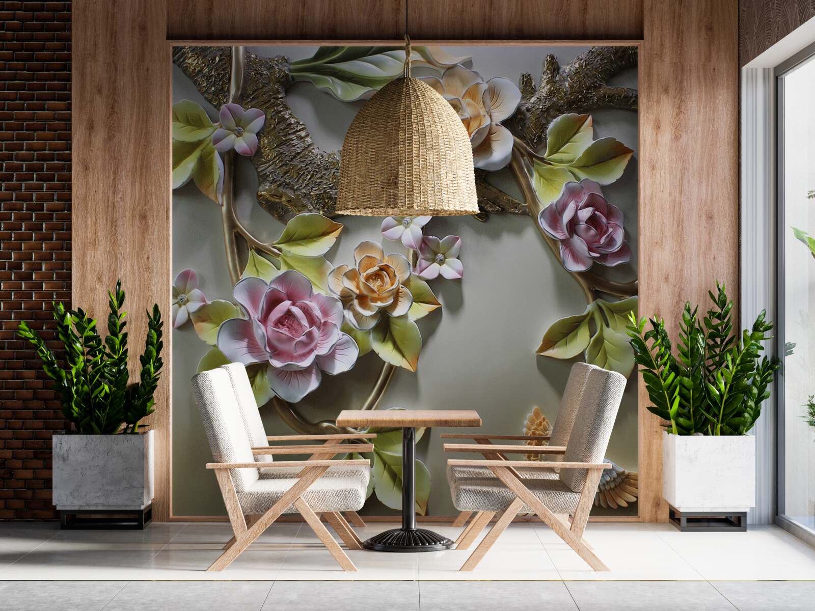 Papier peint des fleurs de lotus dans les tons jaune, blanc et violet et un oiseau