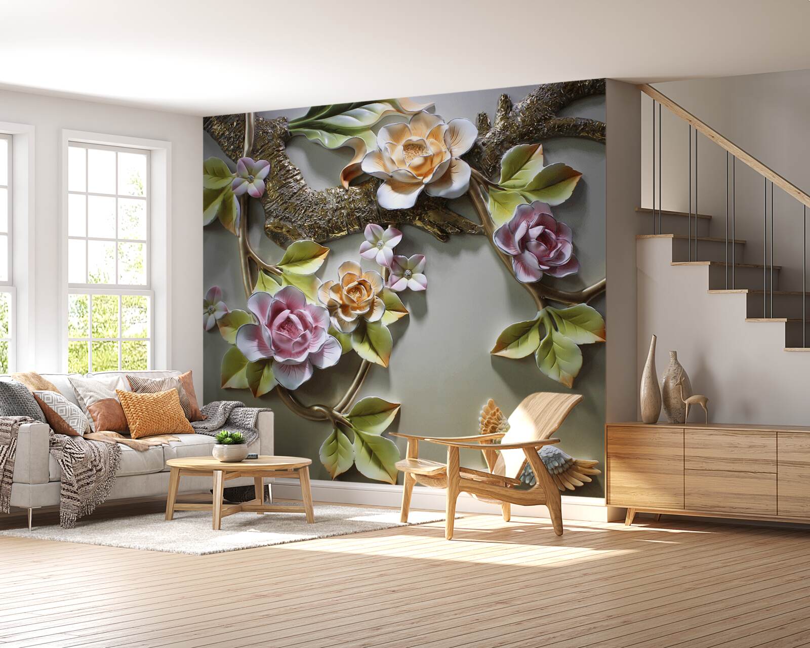 Papier peint des fleurs de lotus dans les tons jaune, blanc et violet et un oiseau