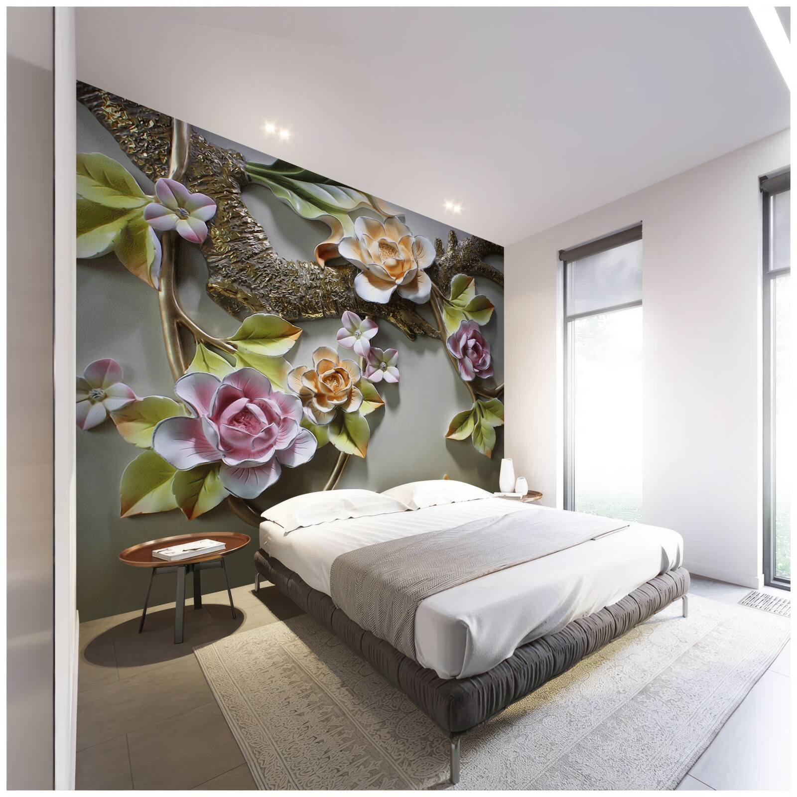 Papier peint des fleurs de lotus dans les tons jaune, blanc et violet et un oiseau