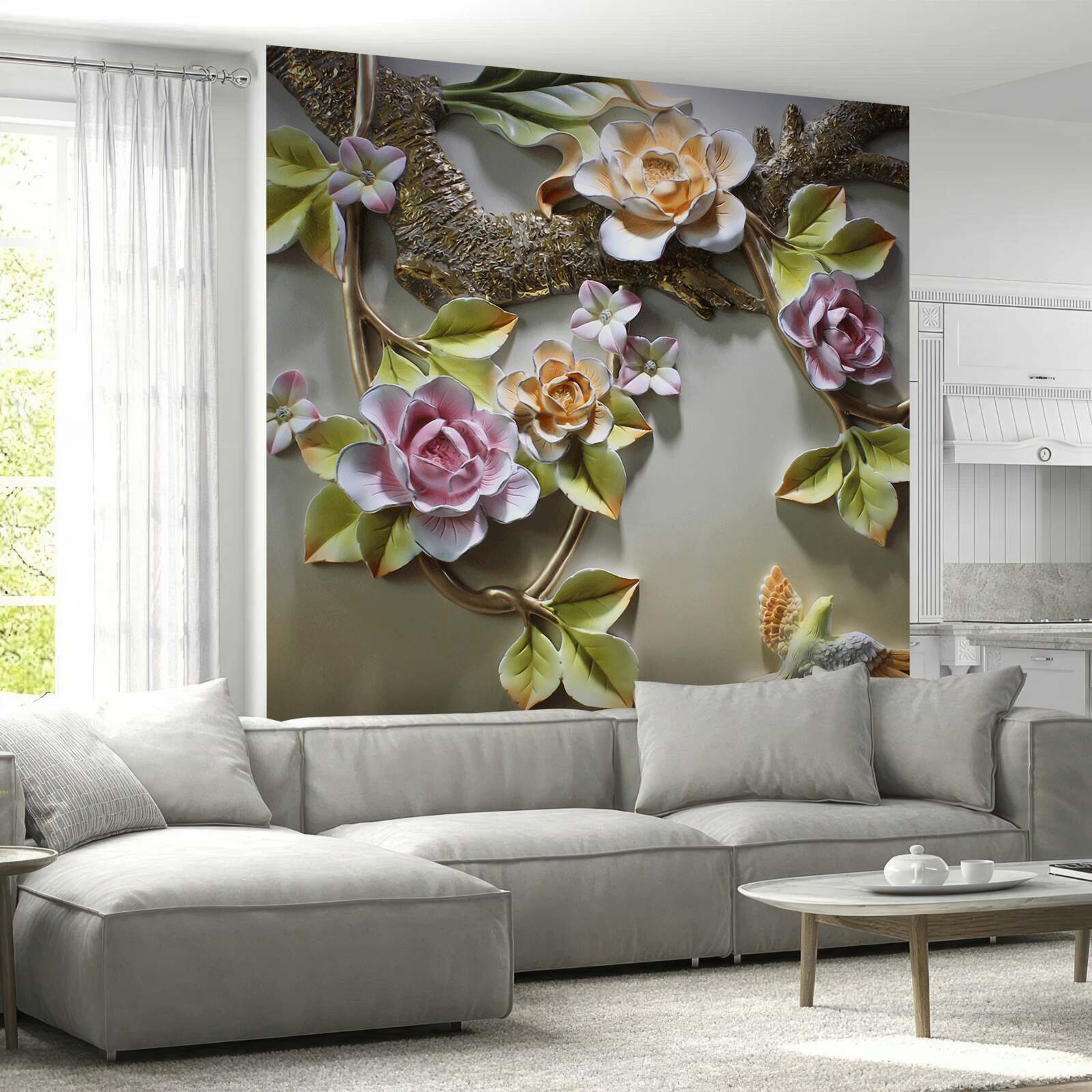 Papier peint des fleurs de lotus dans les tons jaune, blanc et violet et un oiseau