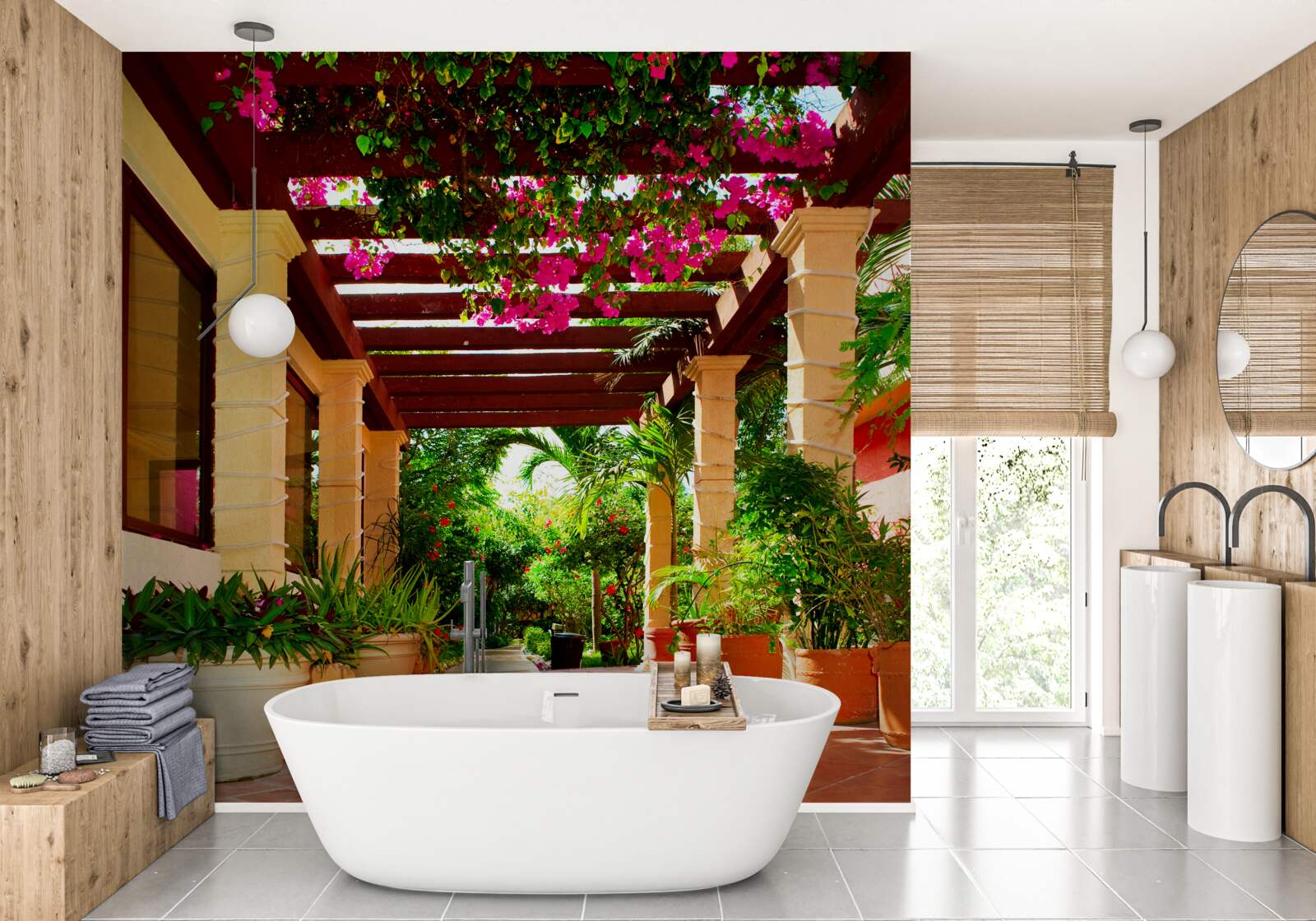 Papier peint terrasse près de la maison, décorée de plantes