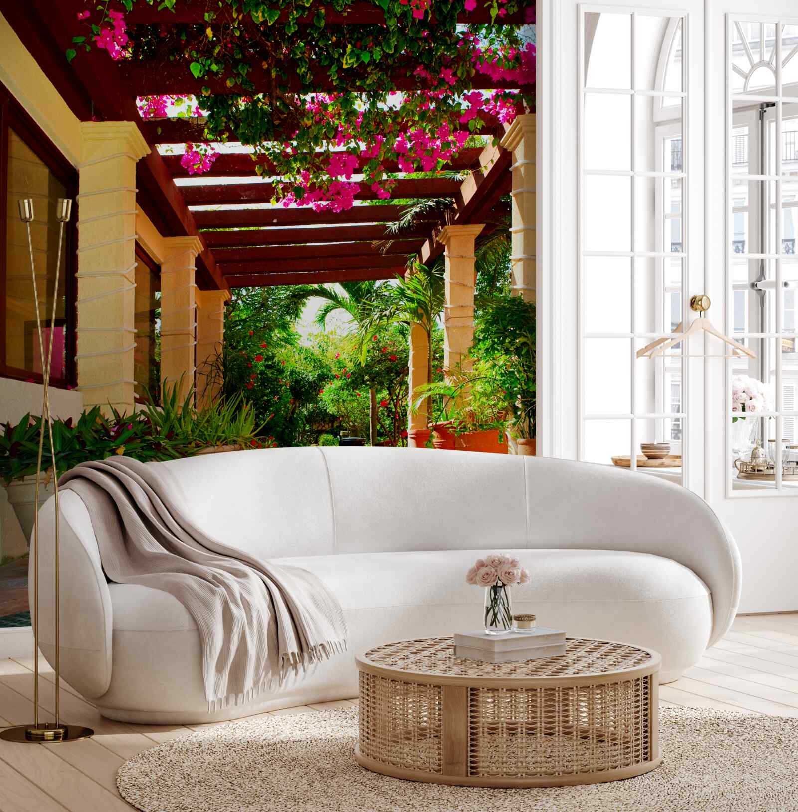 Papier peint terrasse près de la maison, décorée de plantes