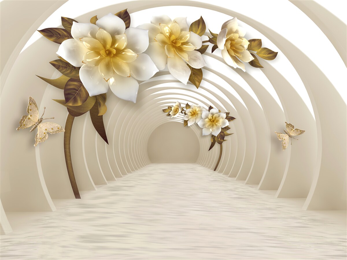 Papier peint en regardant dehors, on peut voir des lotus blancs décorés d'or