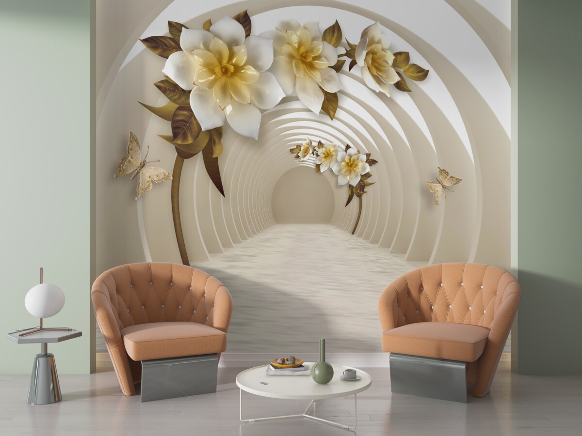 Papier peint en regardant dehors, on peut voir des lotus blancs décorés d'or