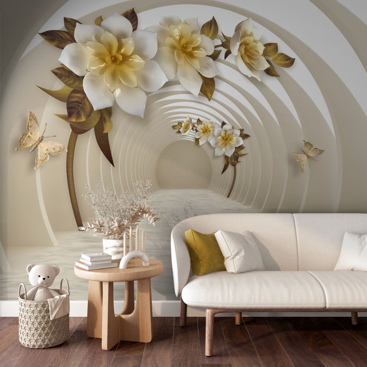 Papier peint en regardant dehors, on peut voir des lotus blancs décorés d'or